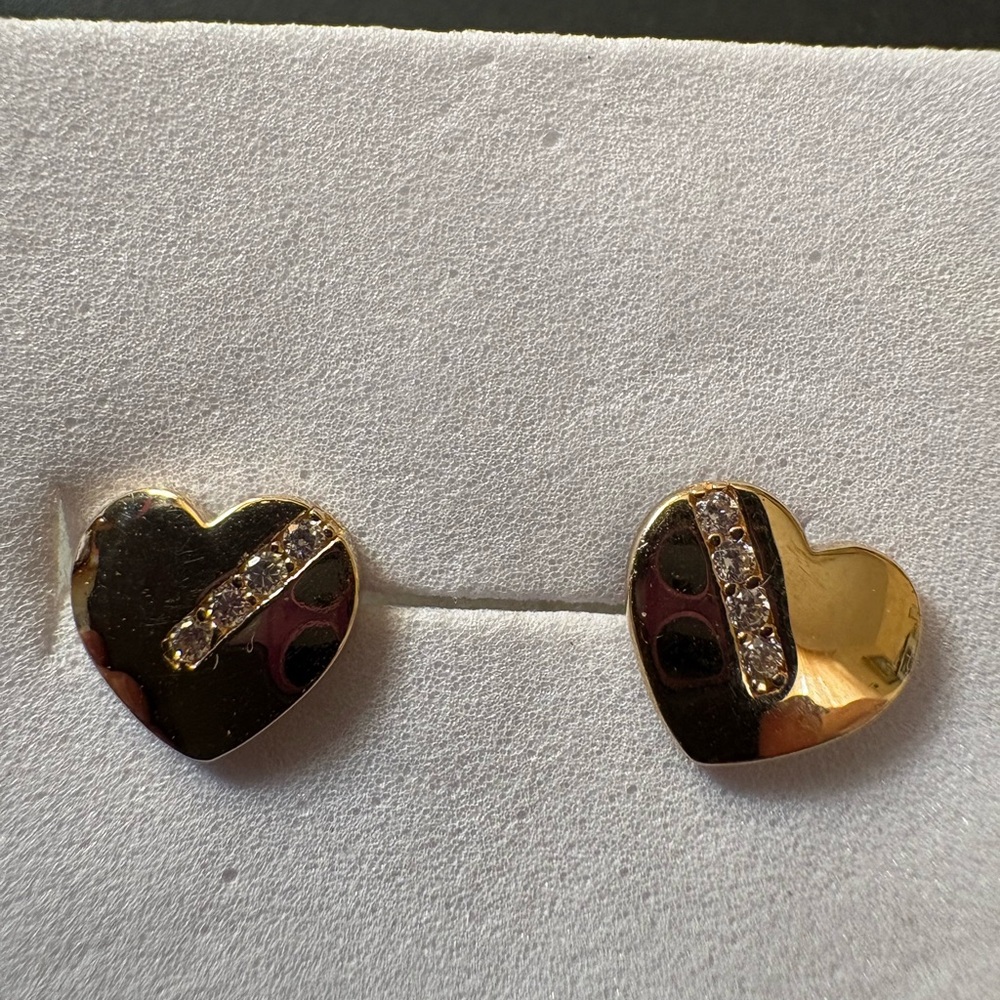 Gold Heart Earrings with Crystal Accents, 14 k real solid gold.